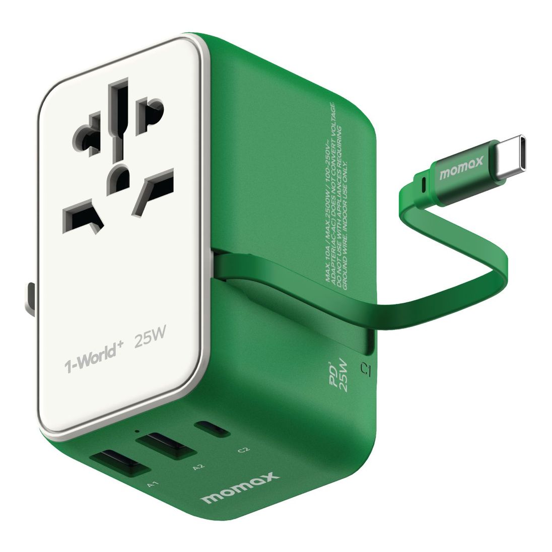 Momax 1-World+ 3-Ports Travel Charger with Built-In USB-C Cable (25W) - Green