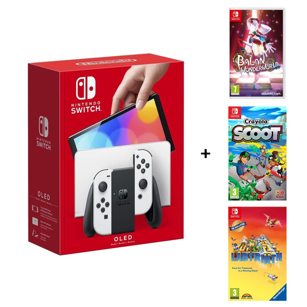 Nintendo Switch OLED White Console + Balan Wonderworld + Crayola Scoot + Ravensburger: Labyrinth (Bundle)