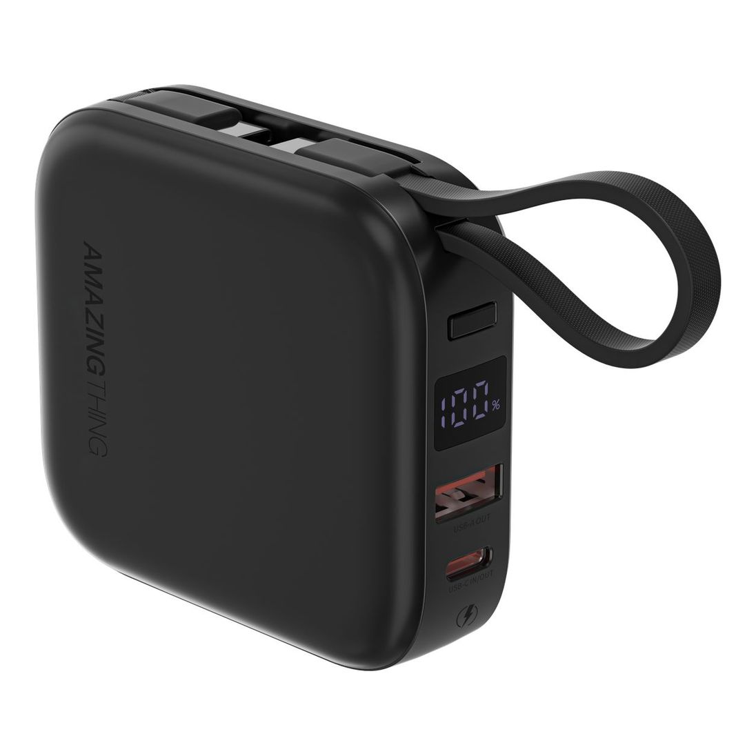 AmazingThing Thunder Go 10000mAh Power Bank With Built-In 2 USB-C Cables - Black