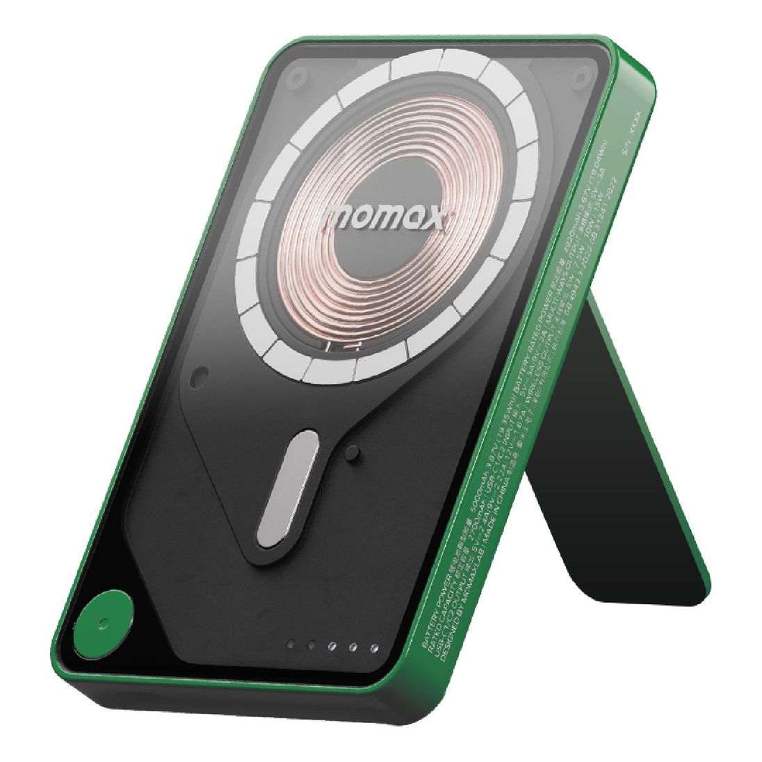 Momax 1-Power X Pro 5000mAh Magnetic Wireless Power Bank With Stand And Built-In USB-C Cable - Green