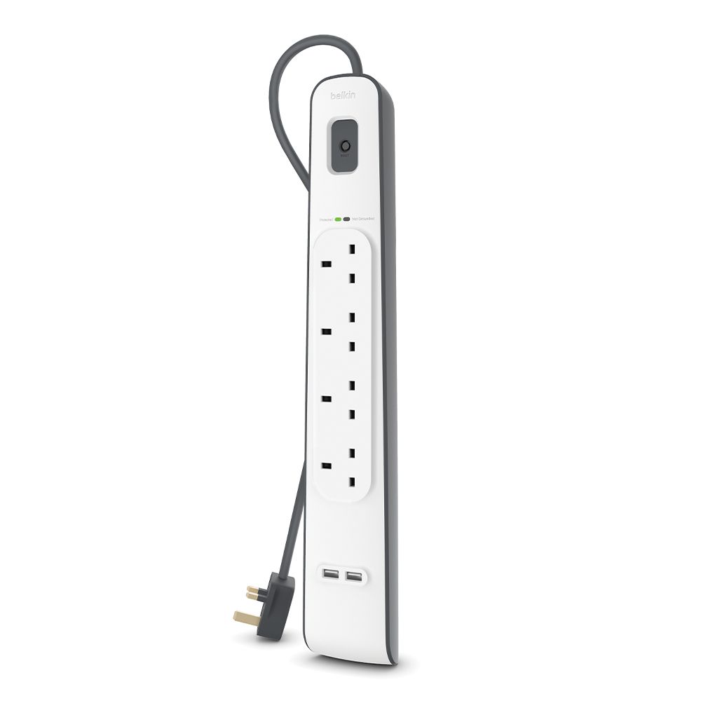 Belkin 4-Outlet Surge Protection Strip with 2.4 Amp 2X USB Charging 2M Power Cord - White