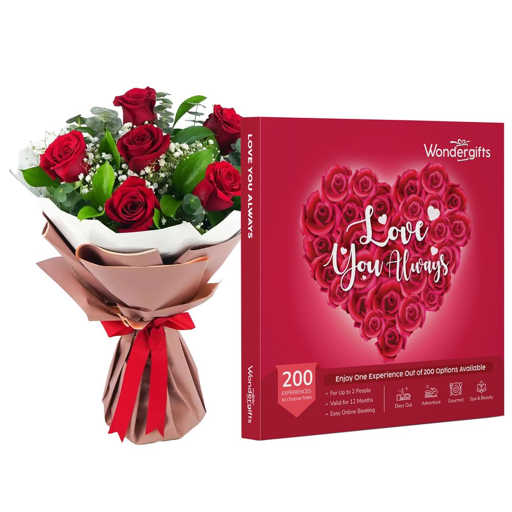 Wondergifts Love You Always Gift Box with Red Flowers Bouquet -Selection of Gourmet/ Spa/ Adventures/ And 200 More Experiences