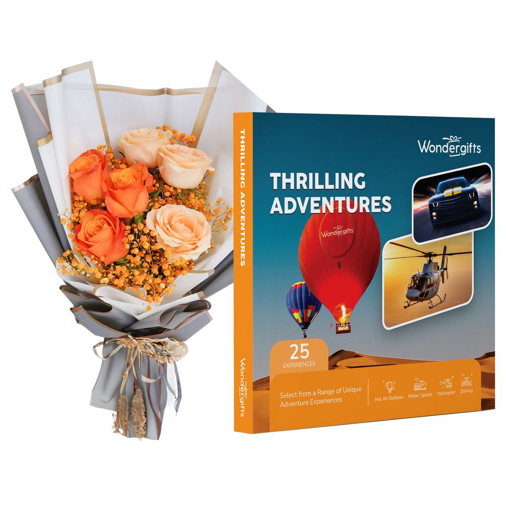 Wondergifts Thrilling Adventure Gift Box With Orange Flowers Bouquet -Selection of Hot Air Balloon/ Helicopter Rides & More Adventure Experiences