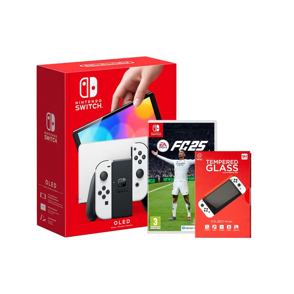 Nintendo Switch OLED Console With White Joy-Con + EA Sports FC 25 & FR-Tec Screen Protector (Bundle)