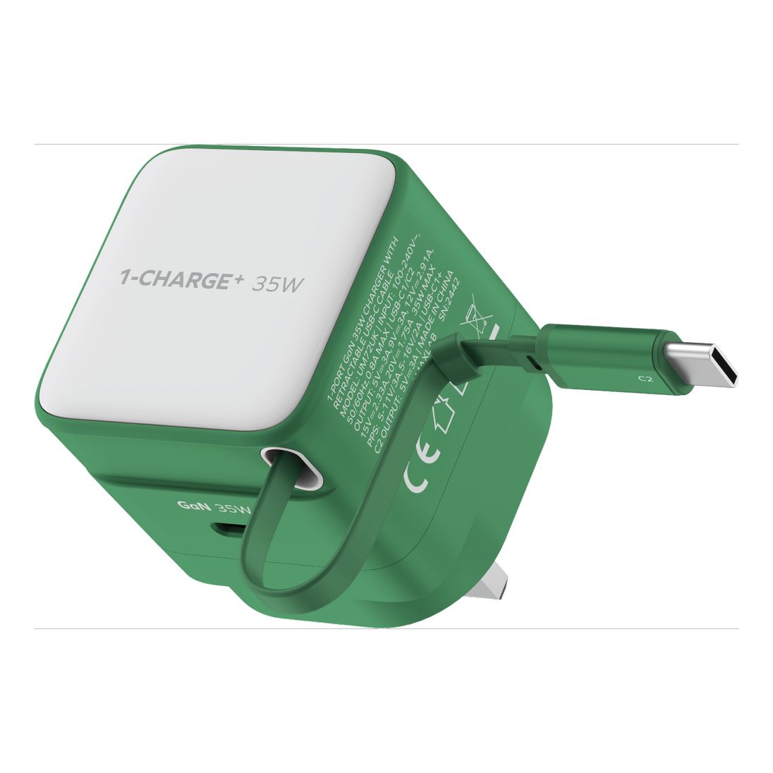 Momax 1-Charge 35W Gan 1 Port Charger With Built-In USB-C Cable - Green