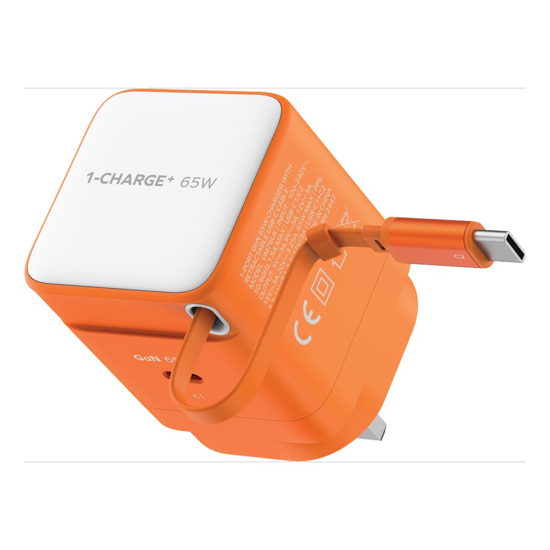 Momax 1-Charge 65W Gan 1 Port Charger With Built-In USB-C Cable - Orange