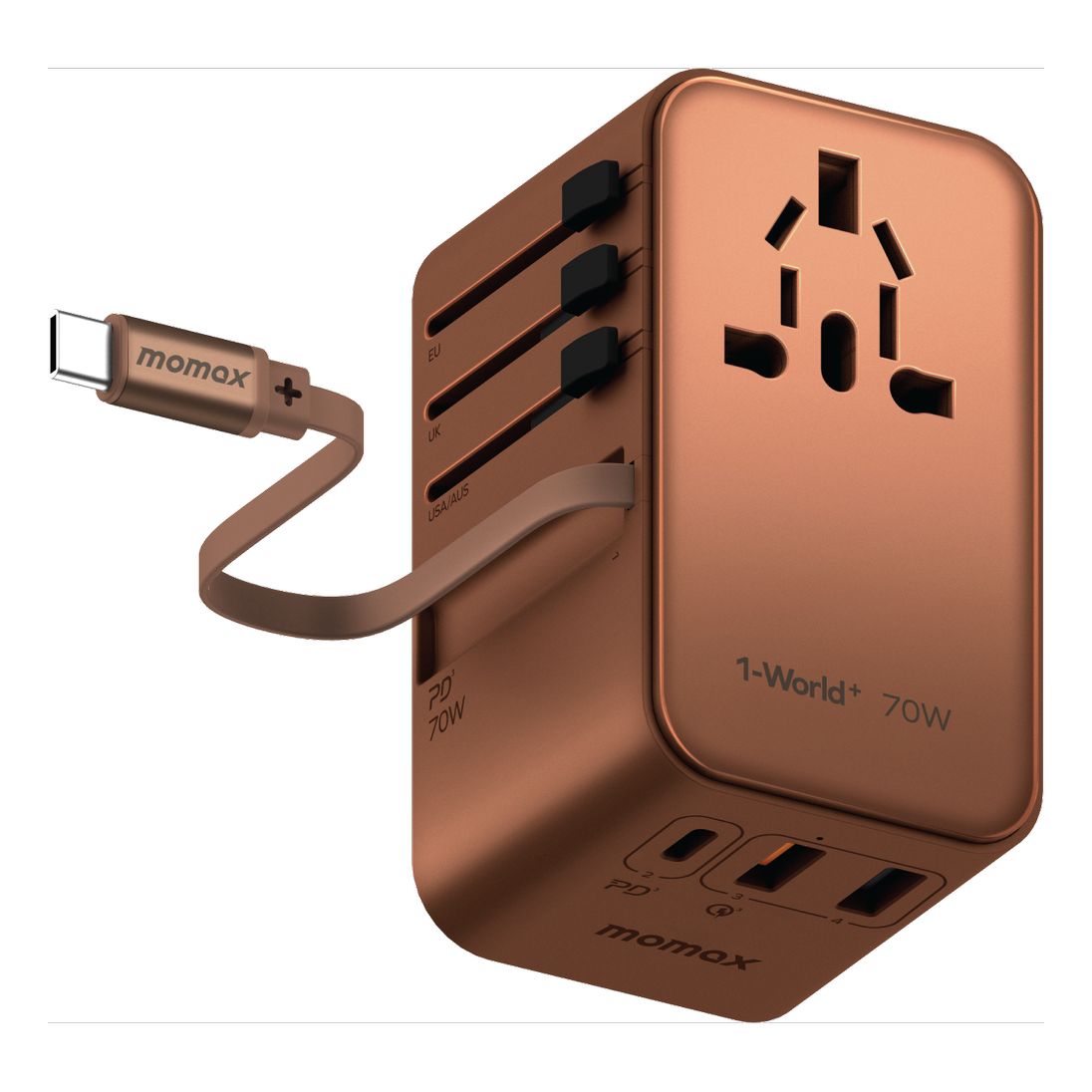 Momax 1-World 70W Gan 3 Port With Built-In USB-C Cable Ac Travel Adaptor - Rose Gold