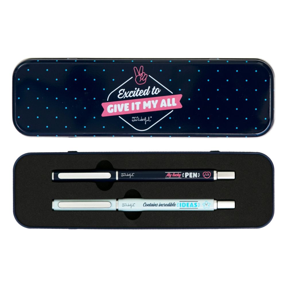 Mr. Wonderful Set Of 2 Pens + Pencil Case To Take Notes Like A Pro