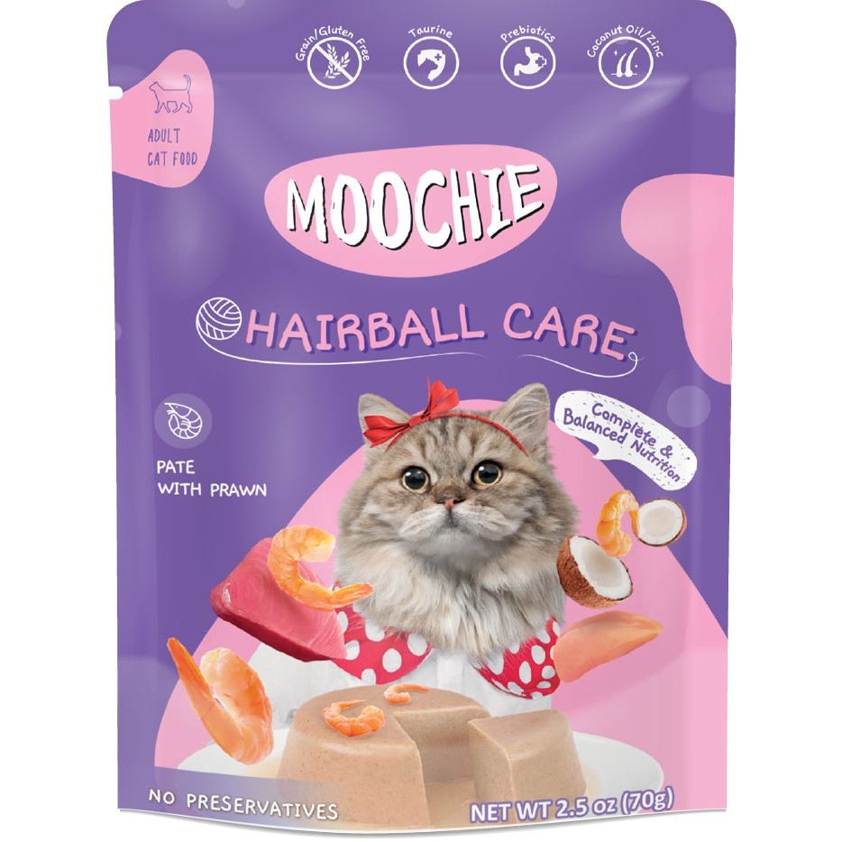 Moochie Cat Food Pate with Prawn - Hairball Care Pouch 12 x 70 g