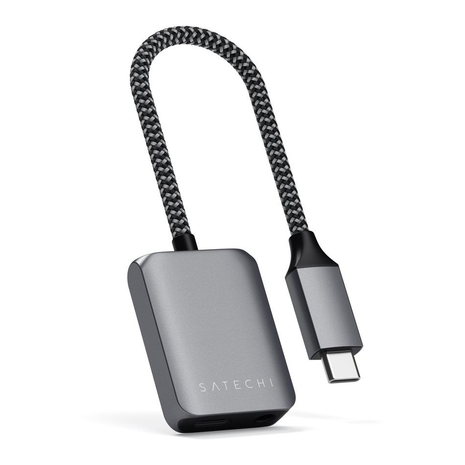 محول مقبس سماعة الأذن من نوع C إلى 3.5 ملم من الألومنيوم مع شاحن توصيل الطاقة USB-C PD من ساتيتشي بلون رمادي معدني