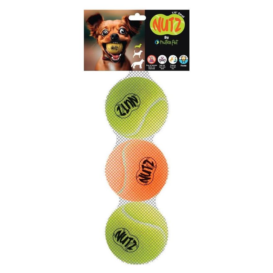 Nutrapet Nutz Tennis Balls Dog Toys - Set Of 3 (2 Non Squeaker & 1 Squeaker) - Small 1.75 In (652341)