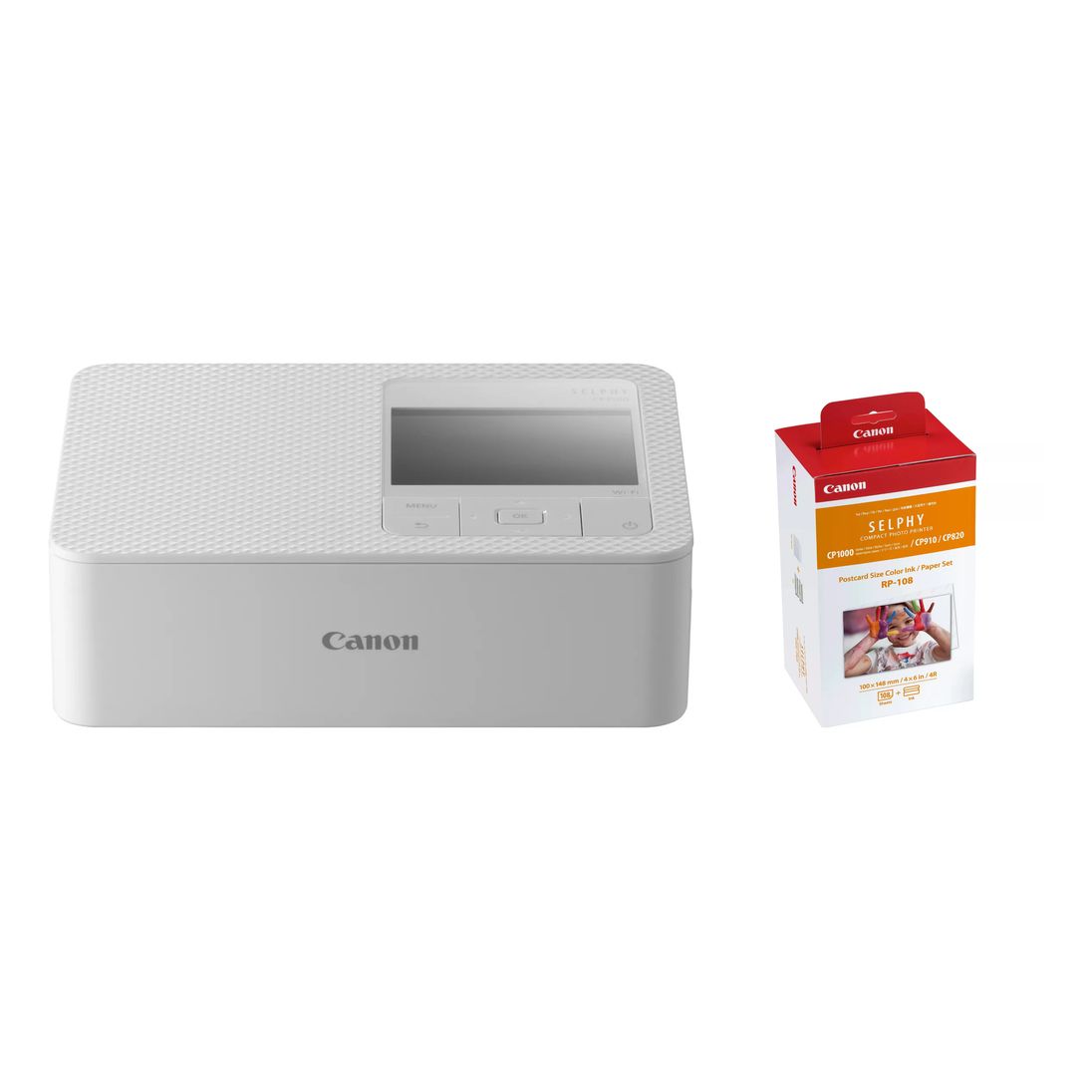 Canon SELPHY CP1500 Colour Portable Photo Printer - White + Canon RP-108 Colour Ink + 100 x 148 mm Paper Set - 108 Sheets (Bundle)