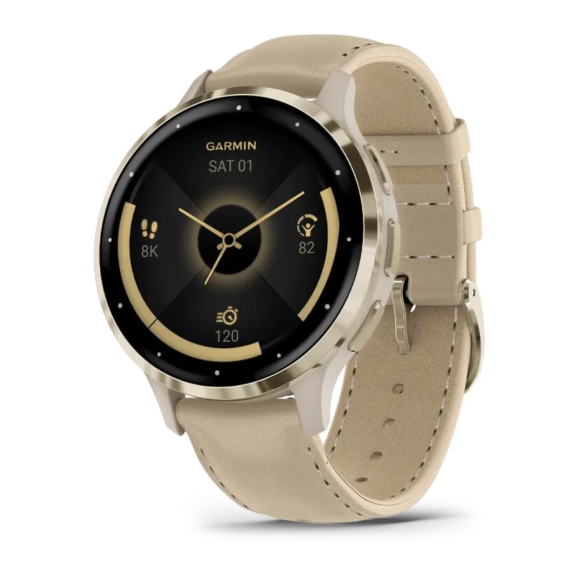 Garmin Venu 3S Fitness Smartwatch - Soft Gold Stainless Steel Bezel With French Gray Case And Leather Band