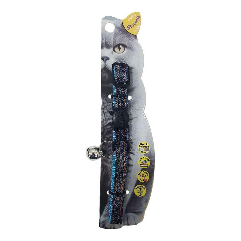 Swooosh Cat In Denim Nylon Safe Collar - Blue