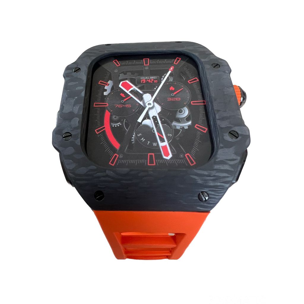 Mansa Design Custom Carbon Fibre Case For Apple Watch Ultra 2 - Black With Orange Strap