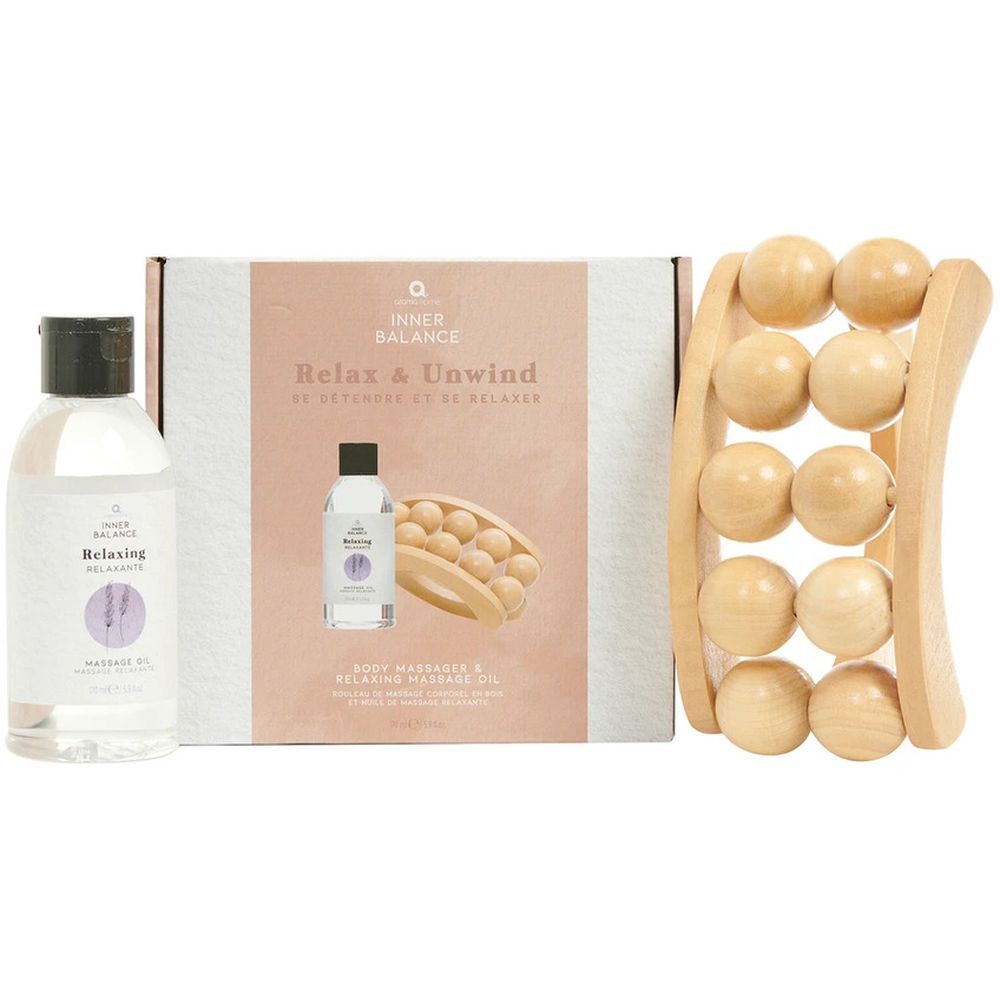 Aroma Home Inner Balance Relax & Unwind Body Massage Set (Wooden Massager / Lavender Massage Oil)