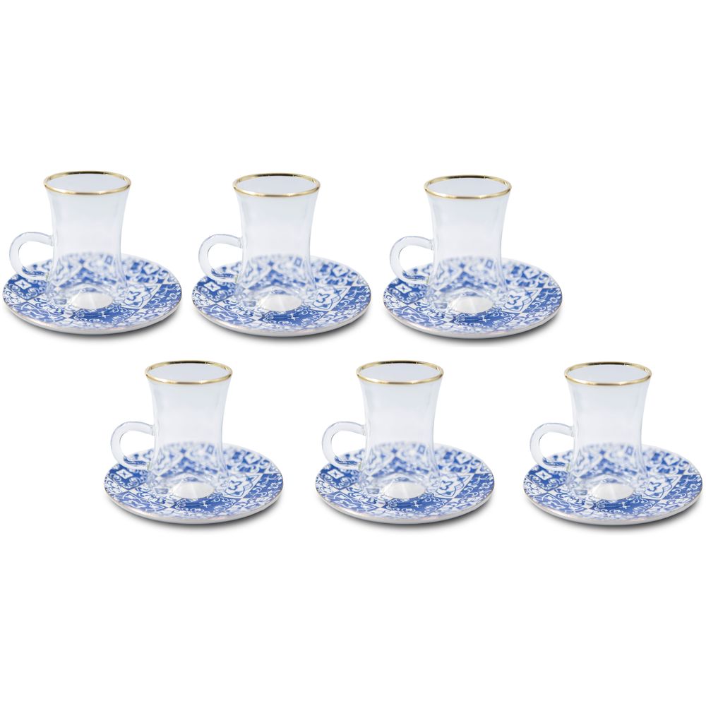 Roomours Blue Gold Line Tea Cups & Saucers (Set of 6) - Blue/Gold