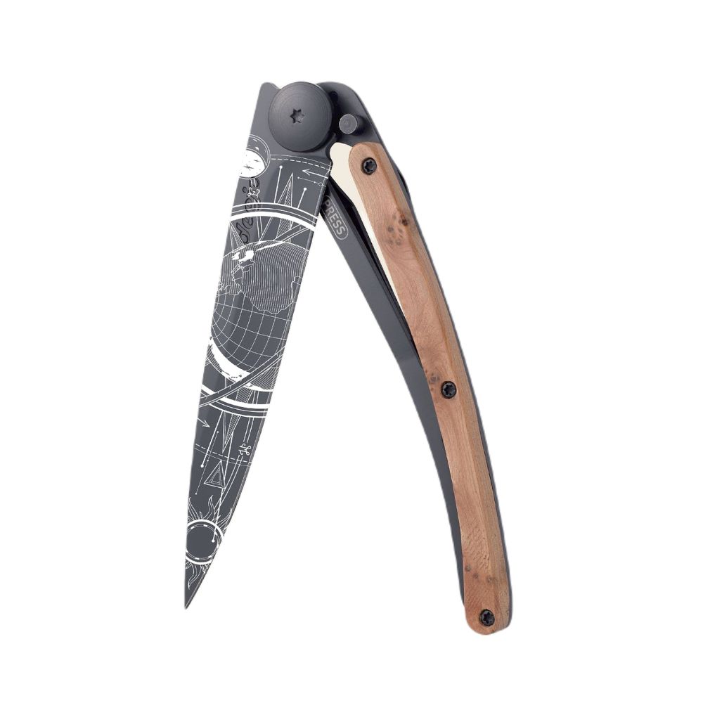 Deejo 37G Pocket Knife - Juniper Wood/Globe Trotter (Grey)