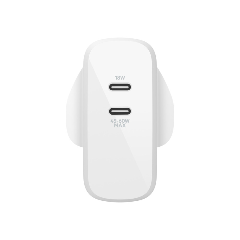 شاحن Belkin Boostcharge 68 واط مزدوج USB-C PD Gan 50c / 18c أبيض