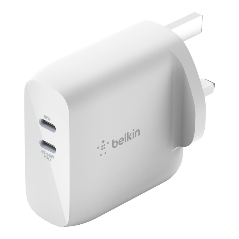 شاحن Belkin Boostcharge 68 واط مزدوج USB-C PD Gan 50c / 18c أبيض