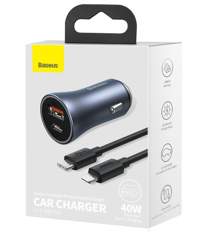 Baseus Golden Contactor Pro Dual Quick Charger Car Charger USB-A + USB-C 40W - Dark Gray