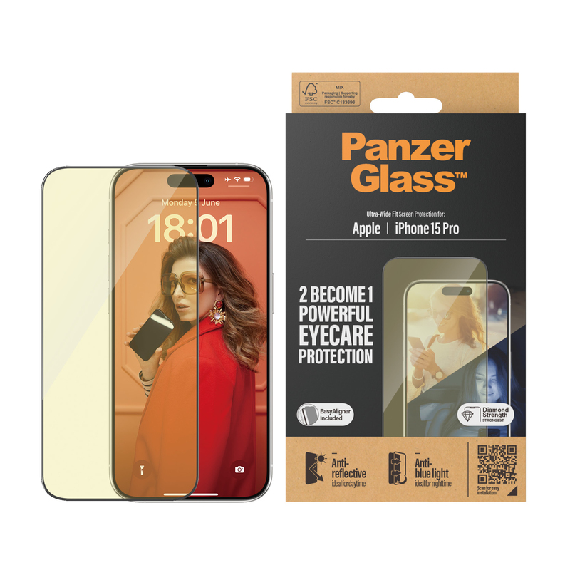 PanzerGlass Screen Protector for iPhone 15 Pro - UWF - Anti-Reflective & Bluelight