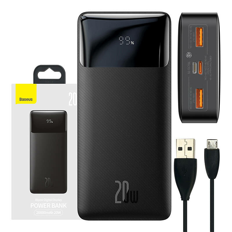 Baseus Bipow Pro Digital Display Fast Charge Power Bank 20000mAh 20W Overseas Edition - Black (With Cable)